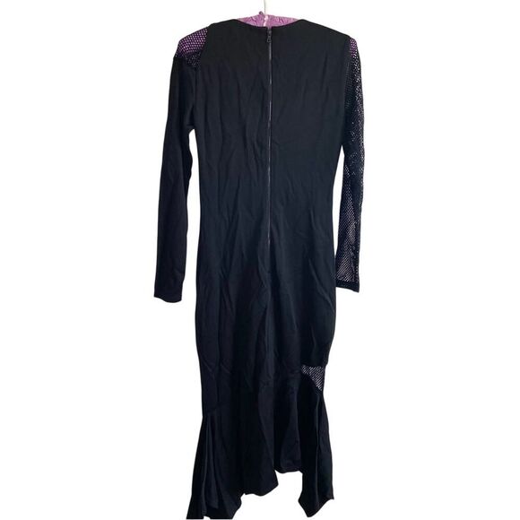 Alice + Olivia Kaine Mesh Insert Asymmetrical Hem Midi Dress Black Size 2 - Picture 9 of 16